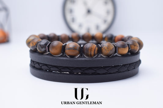 Tiger Eye & Black Leather Set